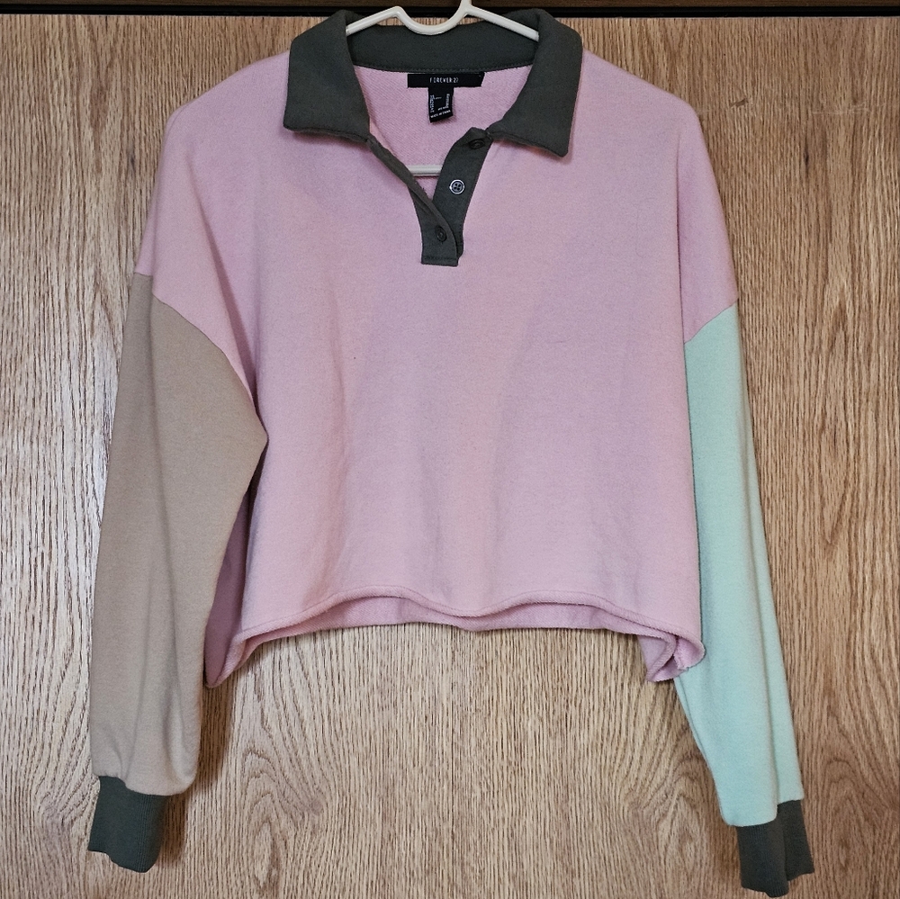 Colorblock Polo Pullover, Semi-Cropped, Oversized Medium